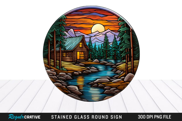 Cabin Stained Glass Round Coaster Png Design Sublimation Regulrcrative 