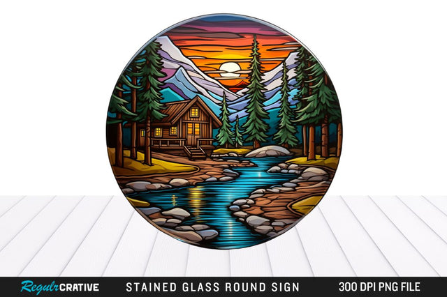 Cabin Stained Glass Round Coaster Png Design Sublimation Regulrcrative 