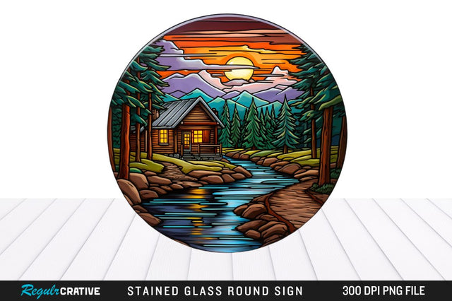Cabin Stained Glass Round Coaster Png Design Sublimation Regulrcrative 