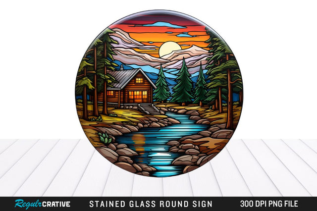 Cabin Stained Glass Round Coaster Png Design Sublimation Regulrcrative 