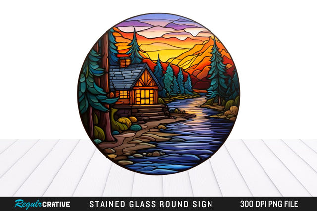 Cabin Stained Glass Round Coaster Png Design Sublimation Regulrcrative 