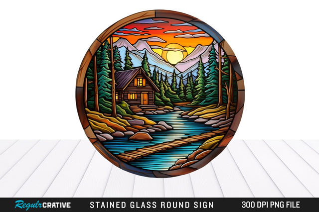 Cabin Stained Glass Round Coaster Sublimation Design Sublimation Regulrcrative 