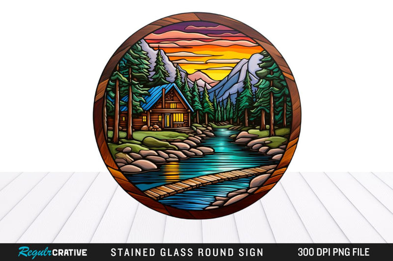 Cabin Stained Glass Round Coaster Sublimation Design Sublimation Regulrcrative 