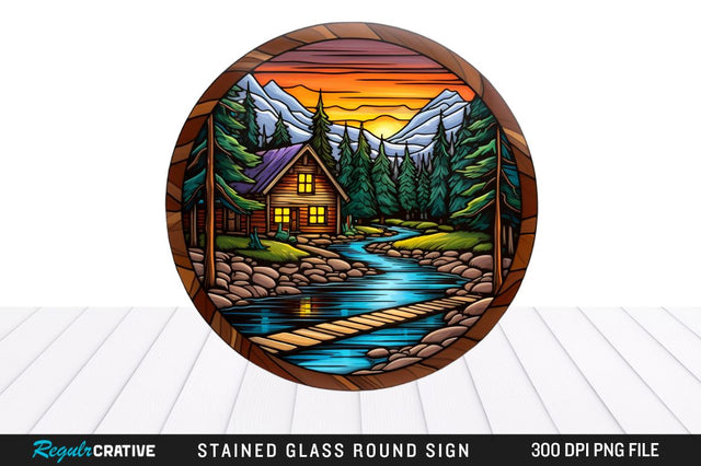 Cabin Stained Glass Round Coaster Sublimation Design Sublimation Regulrcrative 