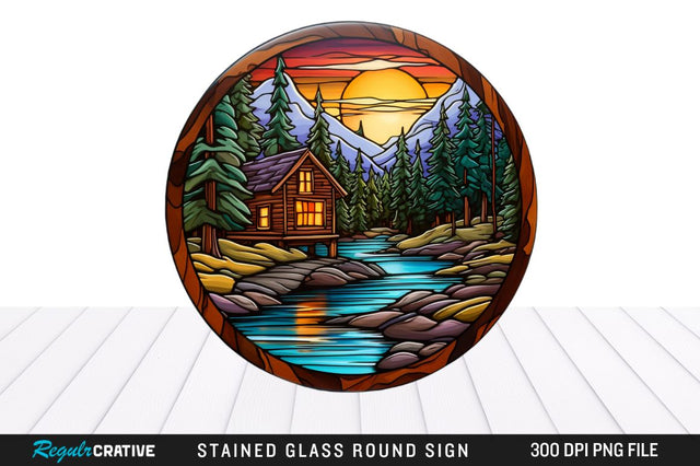 Cabin Stained Glass Round Coaster Sublimation Design Sublimation Regulrcrative 