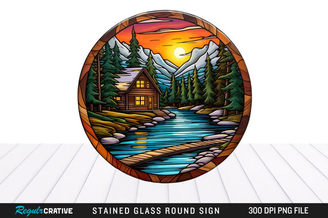Cabin Stained Glass Round Coaster Sublimation Design Sublimation Regulrcrative 