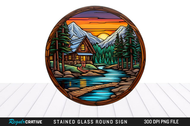 Cabin Stained Glass Round Coaster Sublimation Design Sublimation Regulrcrative 