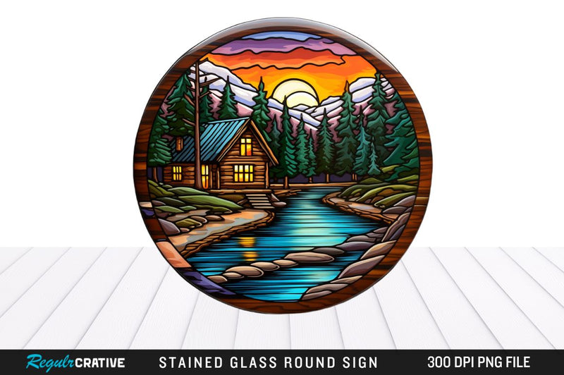 Cabin Stained Glass Round Coaster Sublimation Design Sublimation Regulrcrative 