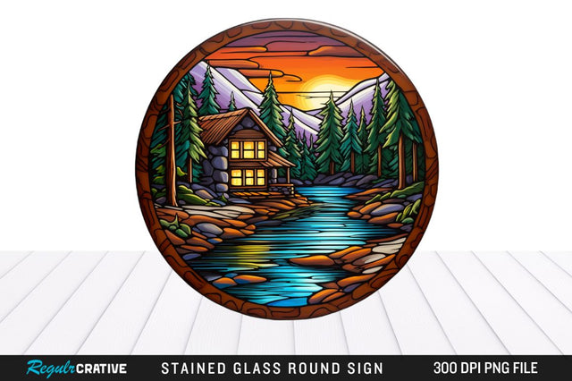 Cabin Stained Glass Round Coaster Sublimation Design Sublimation Regulrcrative 