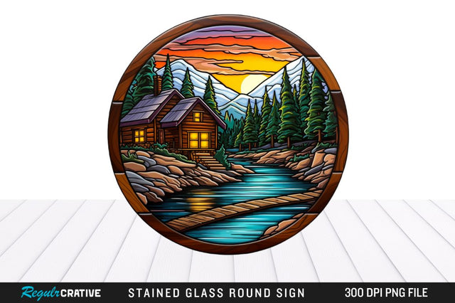 Cabin Stained Glass Round Coaster Sublimation Design Sublimation Regulrcrative 