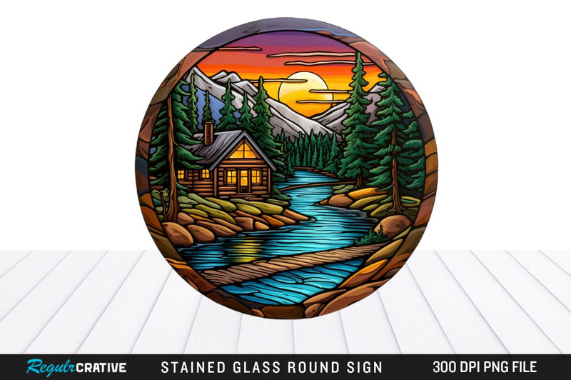 Cabin Stained Glass Round Coaster Sublimation Design Sublimation Regulrcrative 