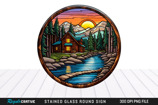 Cabin Stained Glass Round Coaster Sublimation Design Sublimation Regulrcrative 