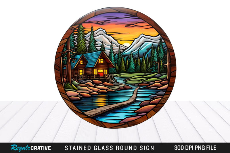 Cabin Stained Glass Round Coaster Sublimation Design Sublimation Regulrcrative 
