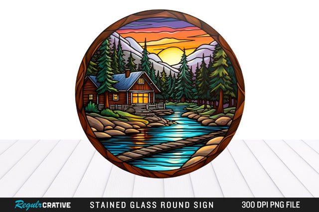 Cabin Stained Glass Round Coaster Sublimation Design Sublimation Regulrcrative 