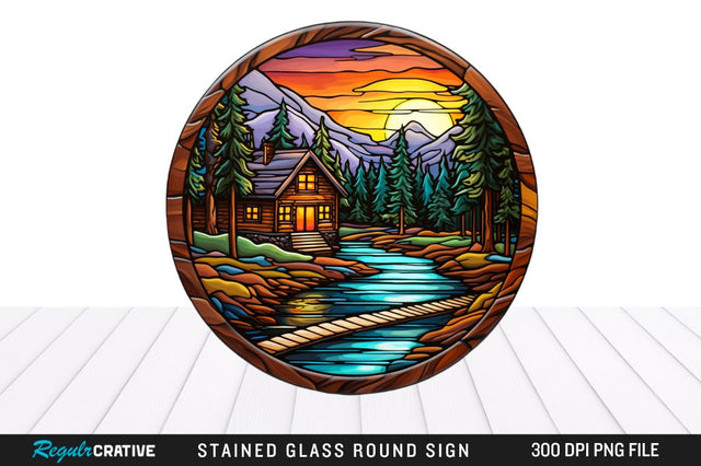 Cabin Stained Glass Round Coaster Sublimation Design Sublimation Regulrcrative 