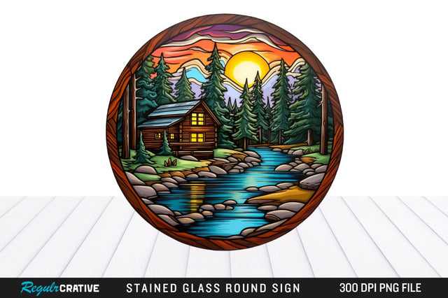 Cabin Stained Glass Round Coaster Sublimation Design Sublimation Regulrcrative 
