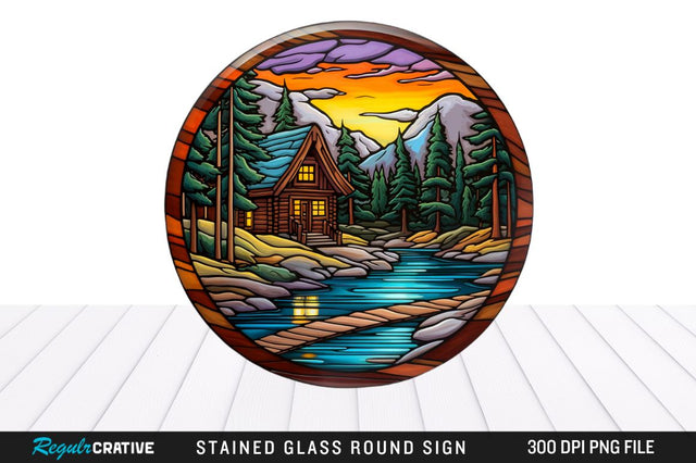 Cabin Stained Glass Round Coaster Sublimation Design Sublimation Regulrcrative 