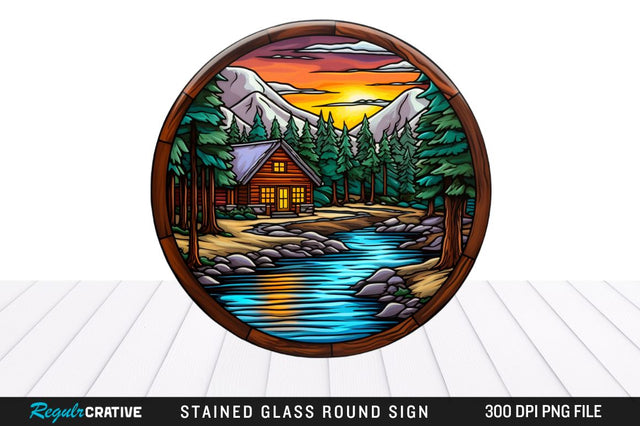 Cabin Stained Glass Round Coaster Sublimation Design Sublimation Regulrcrative 