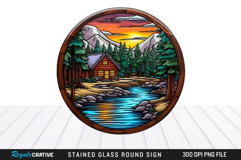 Cabin Stained Glass Round Coaster Sublimation Design Sublimation Regulrcrative 