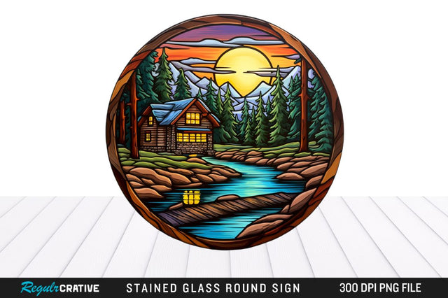 Cabin Stained Glass Round Coaster Sublimation Design Sublimation Regulrcrative 