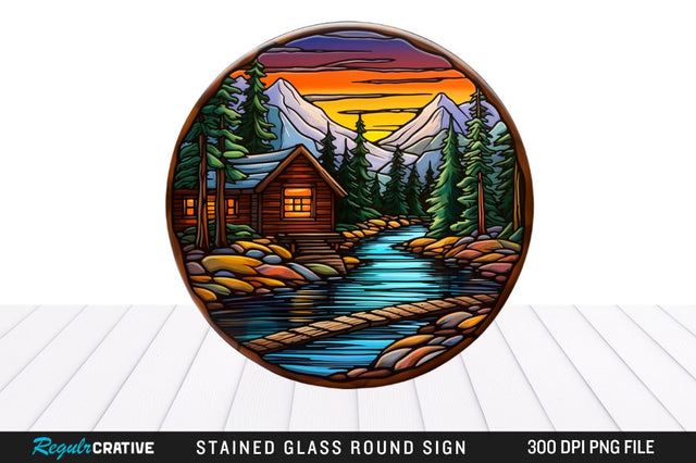 Cabin Stained Glass Round Coaster Sublimation Design Sublimation Regulrcrative 