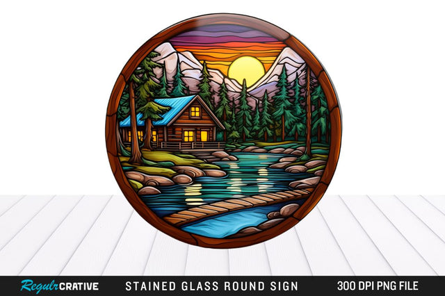 Cabin Stained Glass Round Coaster Sublimation Design Sublimation Regulrcrative 