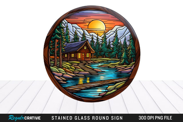 Cabin Stained Glass Round Coaster Sublimation Design Sublimation Regulrcrative 