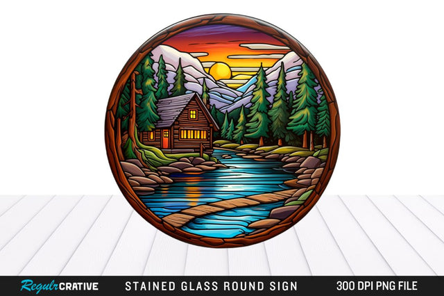 Cabin Stained Glass Round Coaster Sublimation Design Sublimation Regulrcrative 