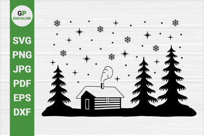 Cabin SVG, Forest SVG, Christmas Scene SVG, Christmas Night SVG, Cottage SVG, House SVG, Snowy Woods SVG, Pine Trees SVG, Stars SVG, Snowflakes SVG, Nature SVG, Outdoor SVG SVG GPDigitaline 