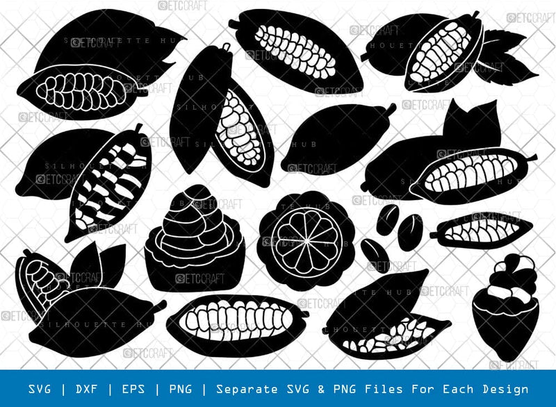 Cacao Silhouette, Cacao SVG, Cocoa Beans Svg, Cocoa Fruit Svg, Food Items Svg, Cacao Bundle, SB00905 SVG ETC Craft 