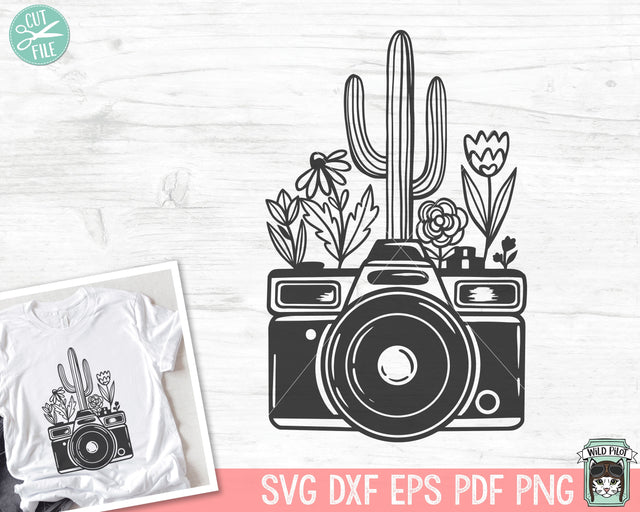 Cactus Camera SVG, Cactus Camera Cut File, Photography SVG, Photographer SVG, Camera Flowers svg, Floral Camera svg, Desert svg, Boho svg SVG Wild Pilot 