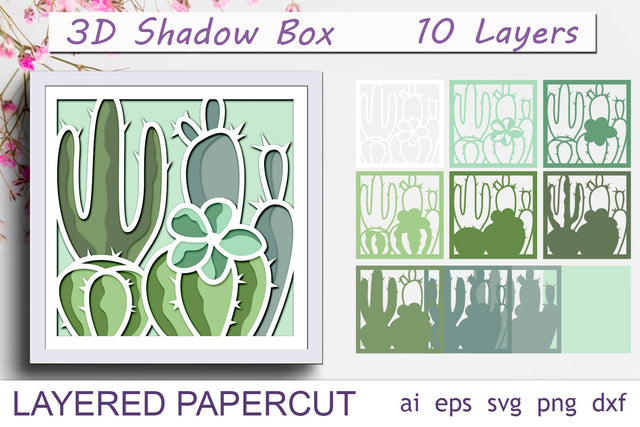 Cactus shadow box svg, 3d layered succulent paper cut decor 3D Paper AnastasiyaArtDesign 