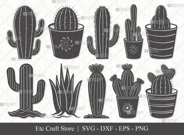 Cactus Silhouette SVG Cut File | Summer Svg | Cactus Pot Svg | Plant Svg | Succulent Svg | Eps | Dxf | Png | Bundle SVG ETC Craft 