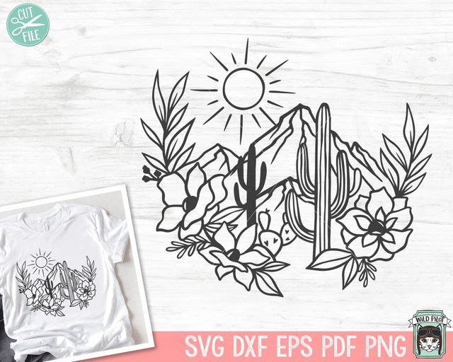 Cactus SVG, Cactus cut file, Desert Scene svg, Flowers svg, Floral svg, Cactus Scene svg, Mountain Scene svg, Western svg, Desert Scene png SVG Wild Pilot 