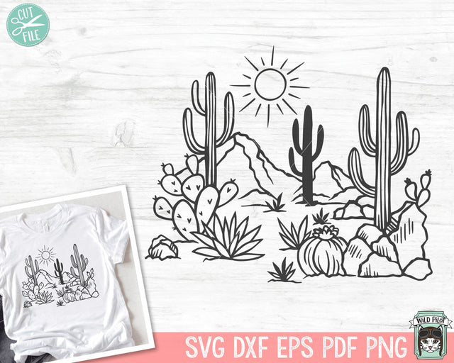 Cactus SVG file, Cactus cut file, Desert Scene svg, Cactus Scene svg, Mountain Scene svg, Western svg, Desert Scene Clipart SVG Wild Pilot 