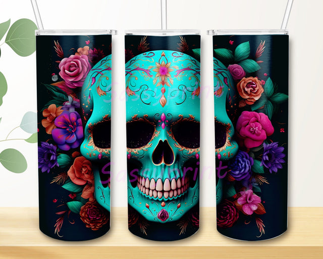 Calavera Floral 20oz Skinny Tumbler Png, Sugar Skull Tumbler, Skull Flowers Tumbler, Skull Watercolor Flowers Tumbler Wrap, Floral Skull Tumbler Sublimation sassyprint 