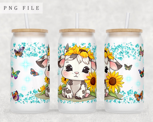 Calf With Sunflowers Libbey Glass Can Wrap, 16oz Glass Can Sublimation Design, Little Calf Glass Can PNG File Sublimation HappyDesignStudio 