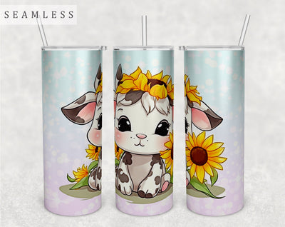 Calf With Sunflowers Tumbler Wrap, 20 Oz Skinny Tumbler Sublimation Design, Seamless Little Cow Tumbler PNG Sublimation HappyDesignStudio 