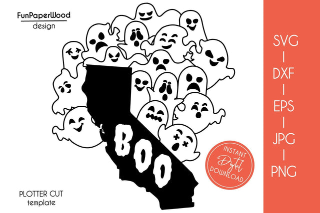 California CA state map Cute Halloween Boo cute scary ghosts faces SVG DXF EPS SVG FunPaperWood 