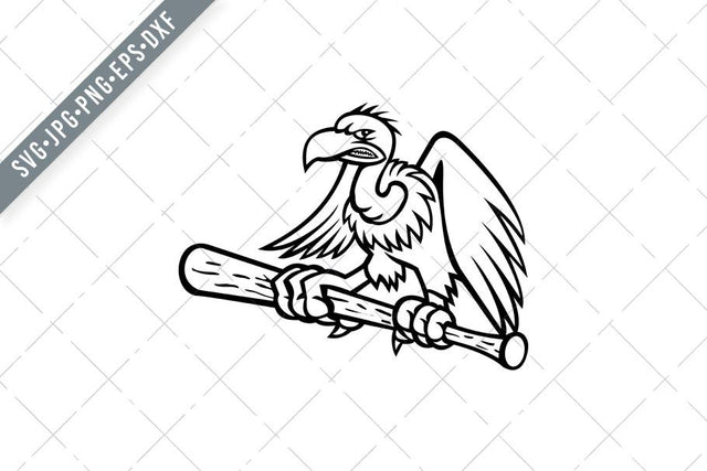 Californian Condor Clutching Perching on a Baseball Bat Mascot Black and White SVG Patrimonio Designs Limited 