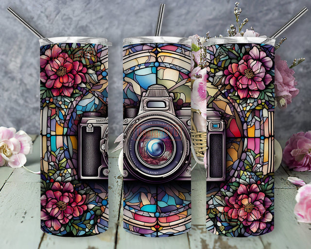 Camera Flowers 20oz Skinny Tumbler Png, Camera Framed With Flowers Seamless Pattern, Camera Png, Photography Png, Watercolor Camera, Floral Camera Png Sublimation DesignSVG 