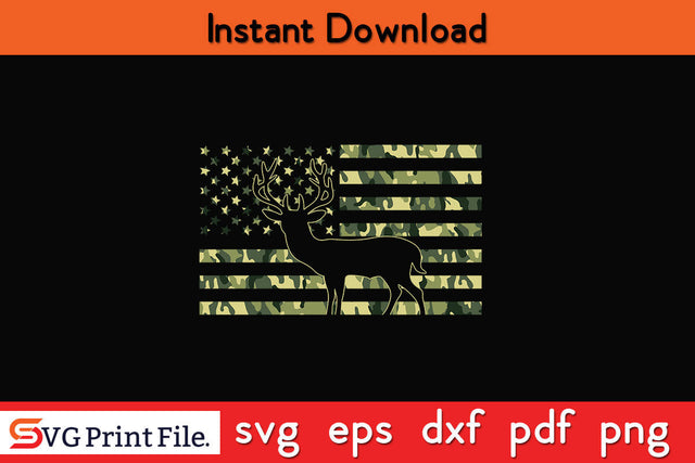 Camo US Flag Deer Elk Buck Camoflage Hunting Hunter Dad Gift T-Shirt SVG SVG Print File 