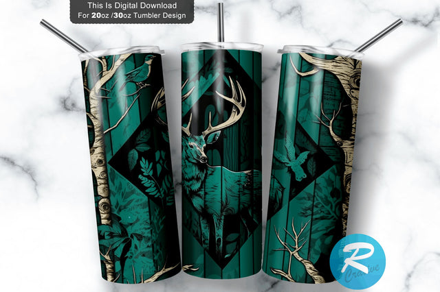 Camp Deer Teal Camo and Wood 20 oz / 30 oz Tumbler PNG Sublimation Regulrcrative 