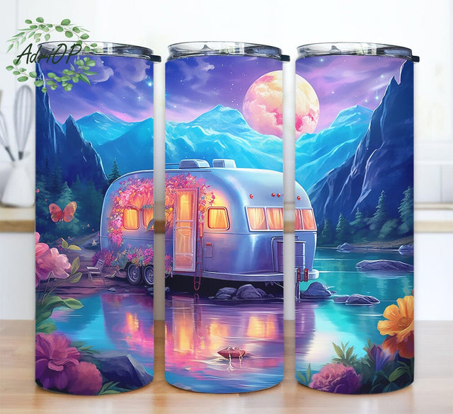 Camper Flowers 20oz Skinny Tumbler Png, Summer Camping Tumbler, Flowers Mountains Tumbler, Bus Driver Tumbler, Hippie Van Tumbler, Retro Van Sublimation AdriOP 