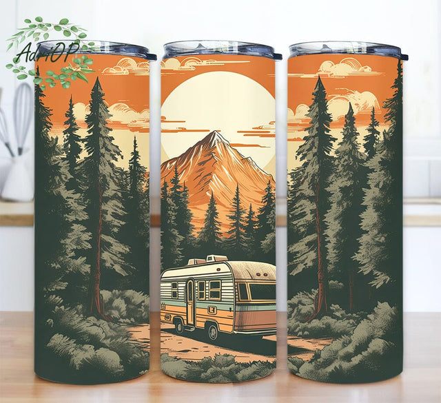 Camper In A Forest 20oz Skinny Tumbler Png, Trees And Mountains Tumbler, Vintage Camper Forest Sublimation Tumbler, Camping Camper, Forest Tumbler Wrap Sublimation AdriOP 