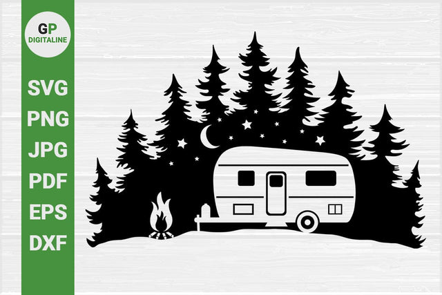 Camper SVG, Camping SVG, Forest SVG, Campfire SVG, Woods SVG, Pine Trees SVG, Crescent Moon SVG, Stars SVG, Outdoor SVG, Wilderness SVG SVG GPDigitaline 