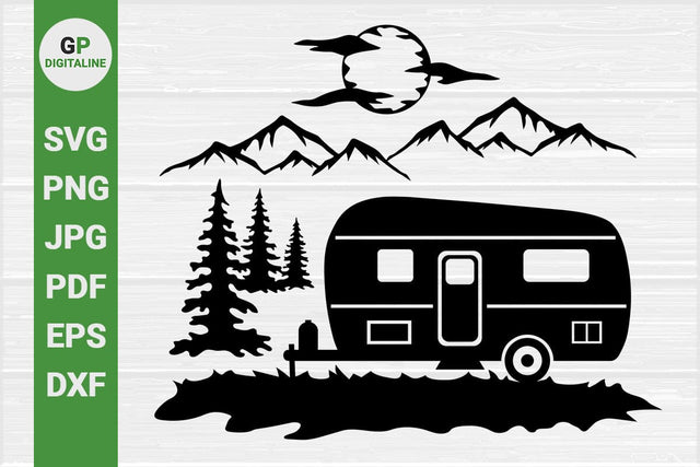 Camper SVG, Camping SVG, Travel Trailer SVG, Mountain SVG, Forest SVG, Woods SVG, Pine Trees SVG, Moon SVG, Clouds SVG, Nature SVG, Outdoor SVG, Wilderness SVG SVG GPDigitaline 