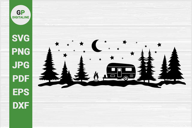 Camper SVG, Camping SVG, Woods SVG, Forest SVG, Pine Trees SVG, Campfire SVG, Stars SVG, Moon SVG SVG GPDigitaline 