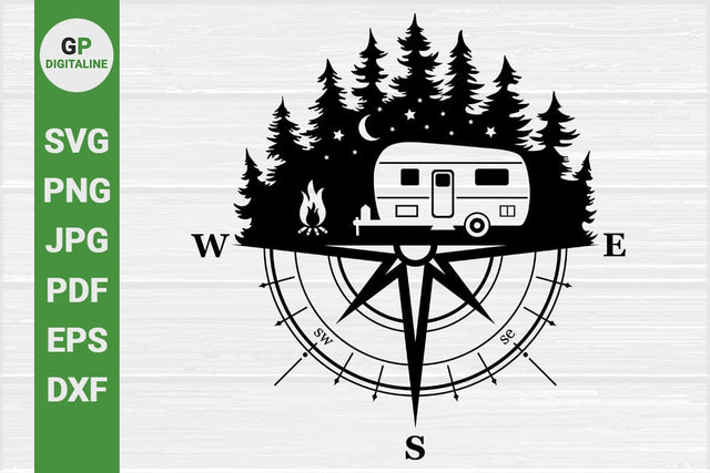Camper SVG, Compass SVG, Camping SVG, Woods SVG, Campfire SVG, Forest SVG, Pine Trees SVG, Crescent Moon SVG, Stars SVG, Outdoor SVG, Wilderness SVG SVG GPDigitaline 