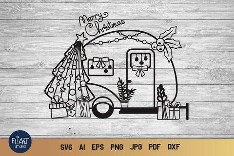 Camper SVG with Christmas Tree and Gifts, Christmas SVG Camper Van, Camping SVG. SVG Elinorka 